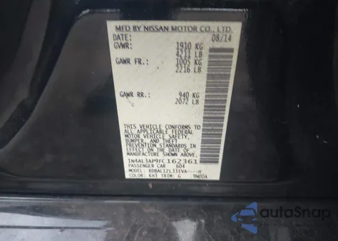 2015 Nissan Altima 2.5 Sv z USA, uszkodzony, nr VIN 1N4AL3AP9FC162361